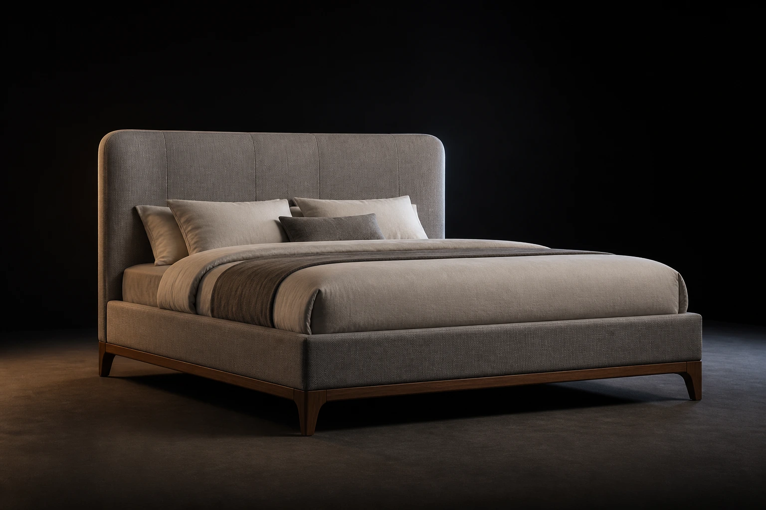 Source Canton visualisation of Fabric upholstered bed with walnut feet.