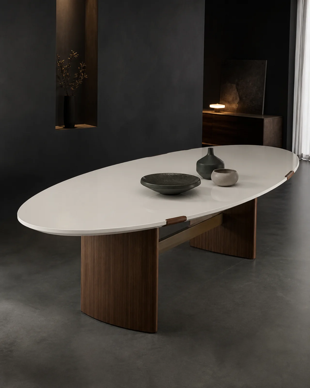 Source Canton visualisation of Oval dining table with walnut-veneer base.
