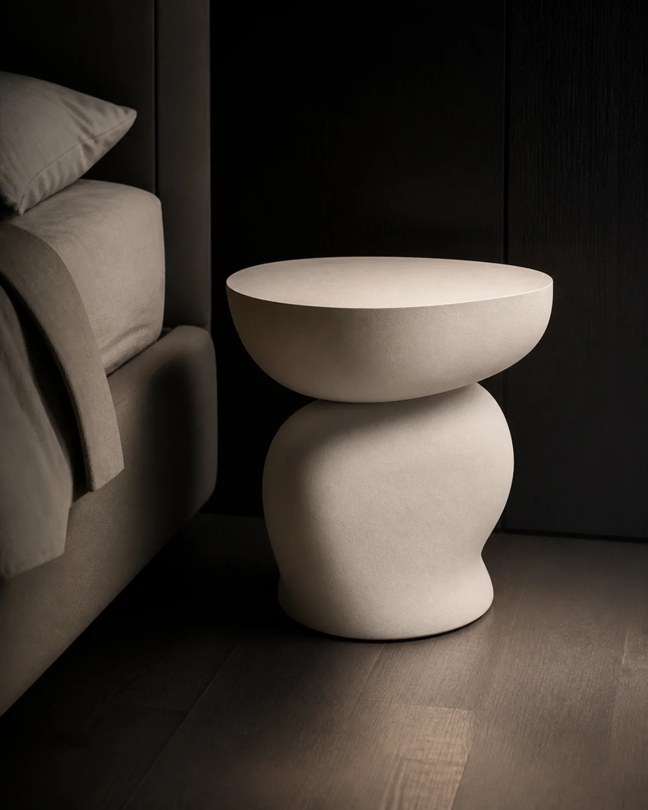 Source Canton visualisation of Sculptural stone-finish bedside table.