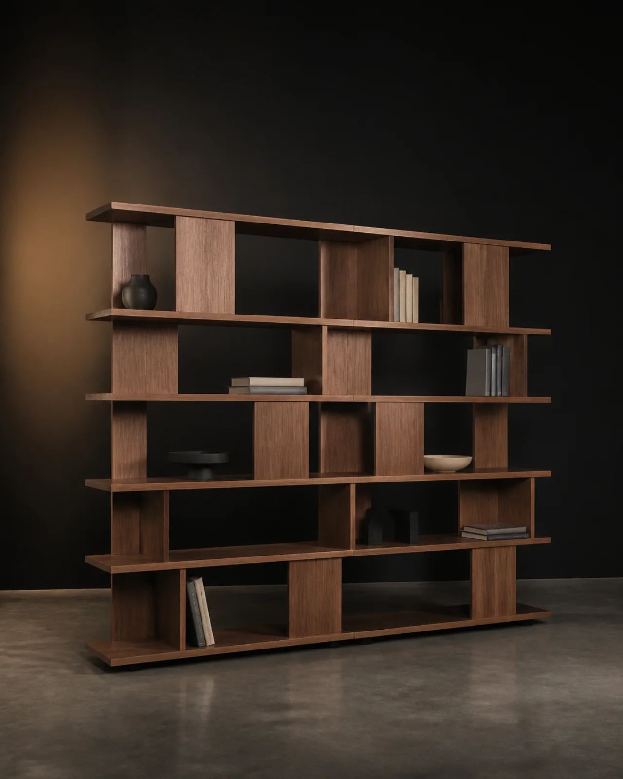 Source Canton visualisation of Walnut-veneer modular office shelving.