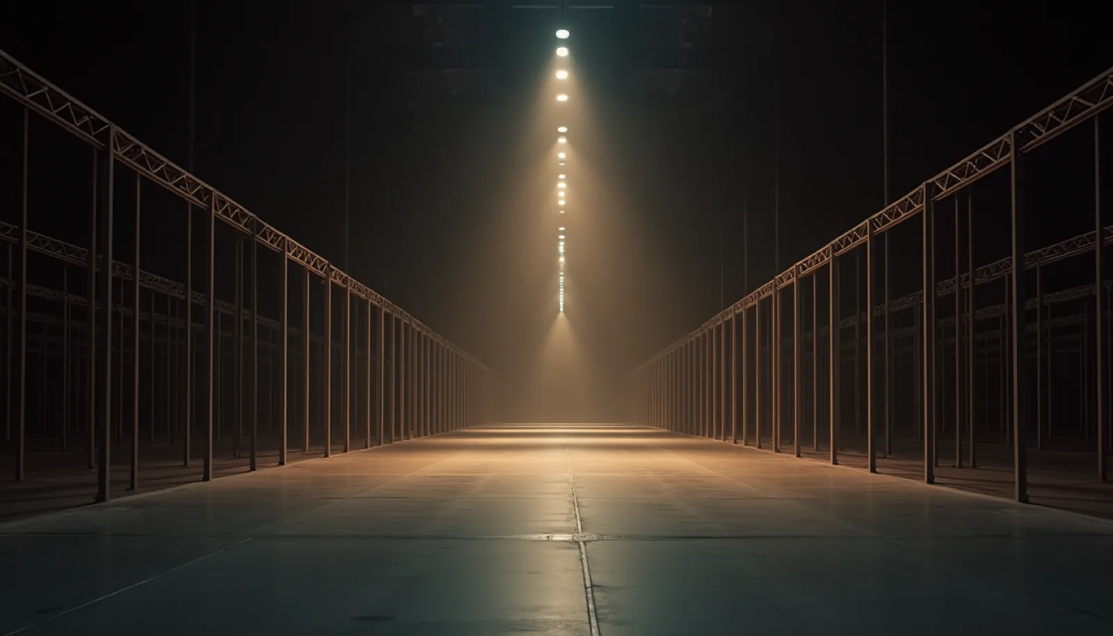 An immense empty exhibition hall seen down its central aisle, lit by receding rows of golden light.