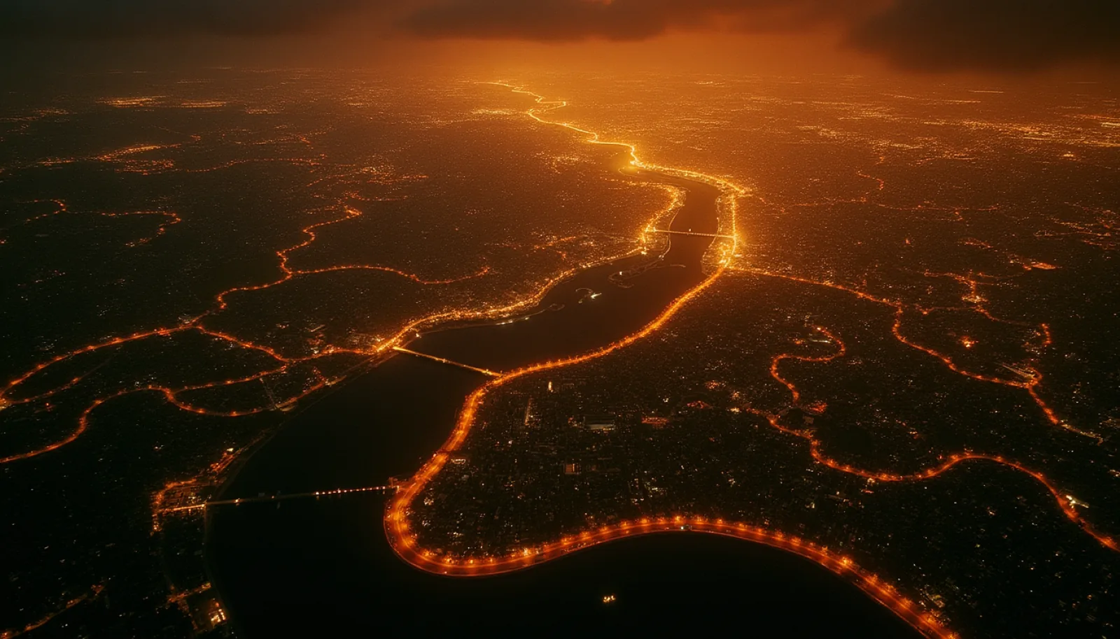 Aerial night view of a river-delta city, a grid of golden streets crossed by a dark river.